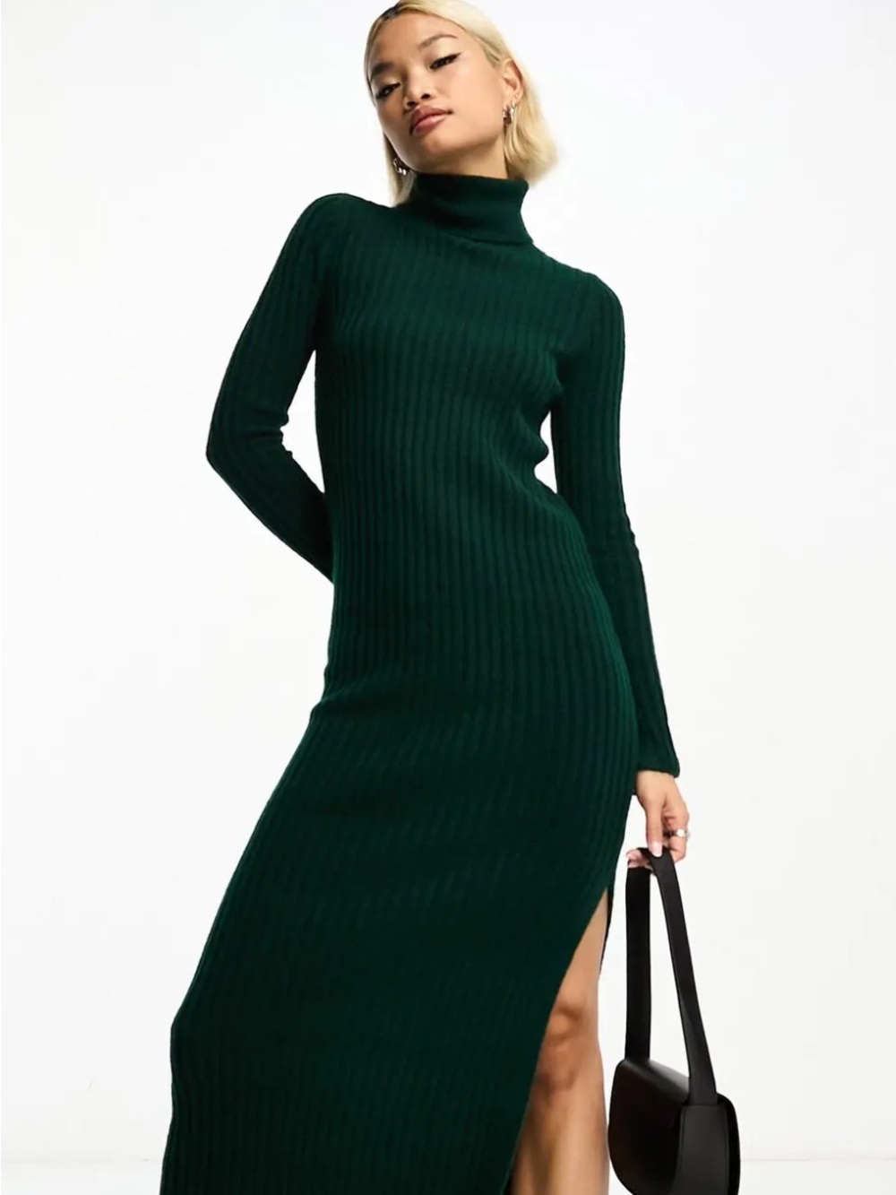 NWOT-ASOS Petite Dark Green Ribbed Turtleneck Midi Dress